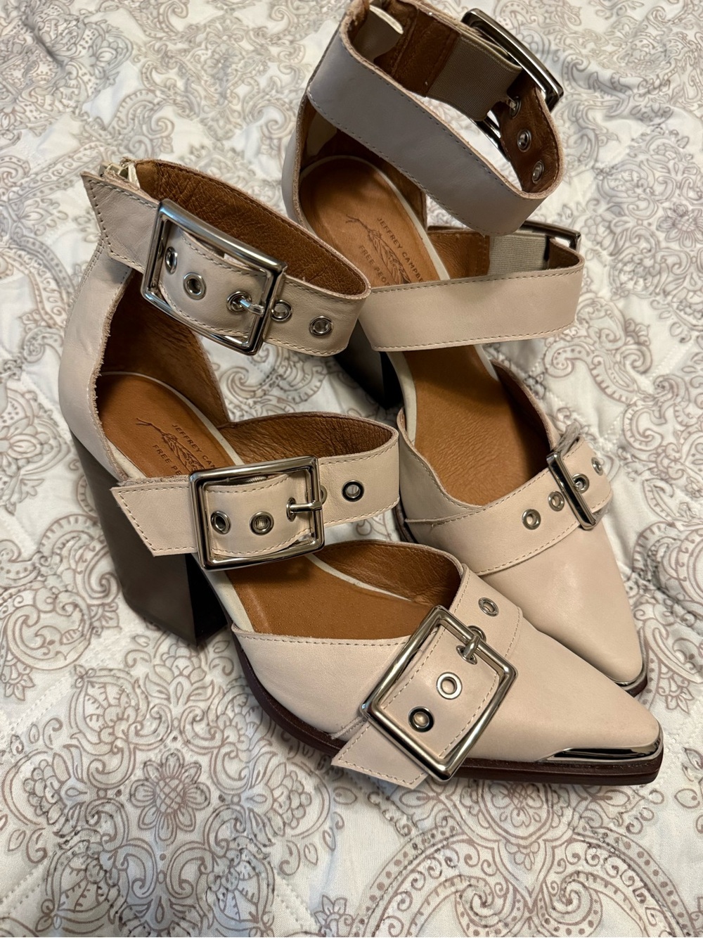 Jeffrey Campbell Cream Pointed-Toe Buckle Block Heels